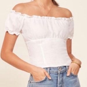 Reformation linen off the shoulder too with back zipper and ruching